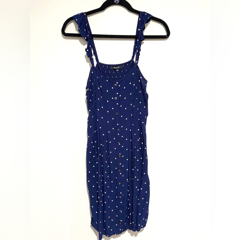 Madewell Womens Ruffle Strap Button Front Polka Dot Dress Navy White Size 2